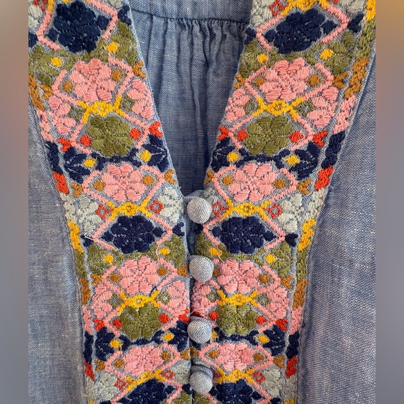 Boden Leonie Embroidered Long Sleeve Linen caftan in blue - Picture 13 of 15